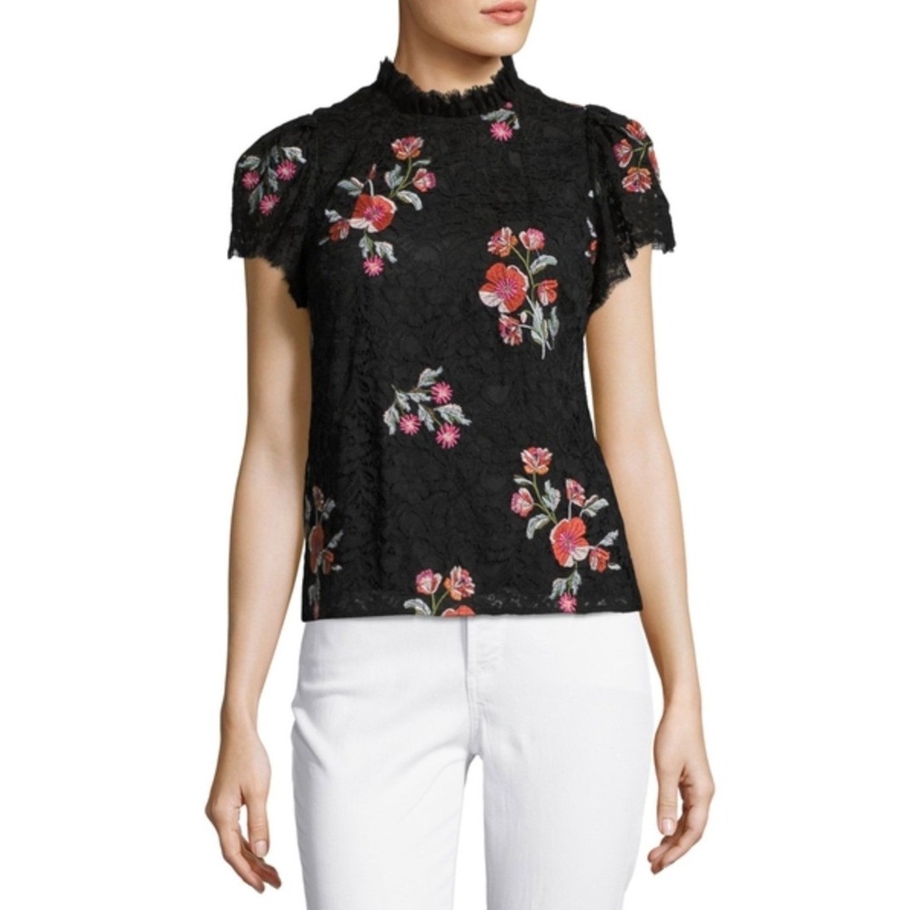 Rebecca Taylor‎ Floral Embroidered Lace Top Black Ruffle Blouse Size 4